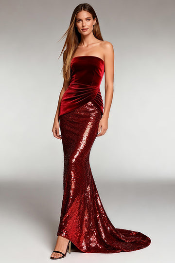 Saprkly Burgundy Strapless Sequins Long Formal Dress